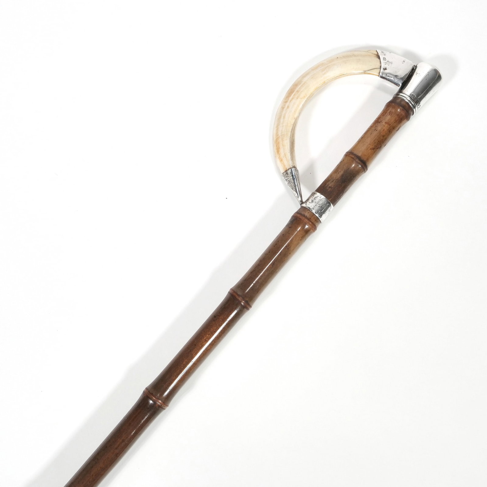 VICTORIAN STERLING SILVER & WILD BOAR TUSK WALKING STICK CIRCA 1890: Sterling mark for London 1890Wild boar tusk with silver mounts and Collar Bamboo Shaft with brass Ferrule w. 3 x l. 39 x d. 3 in. Provenance: Items from the private collection of music industry titan