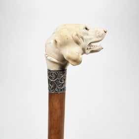 VICTORIAN CARVED BONE HANDLE DOG STERLING COLLAR WALKING STICK
