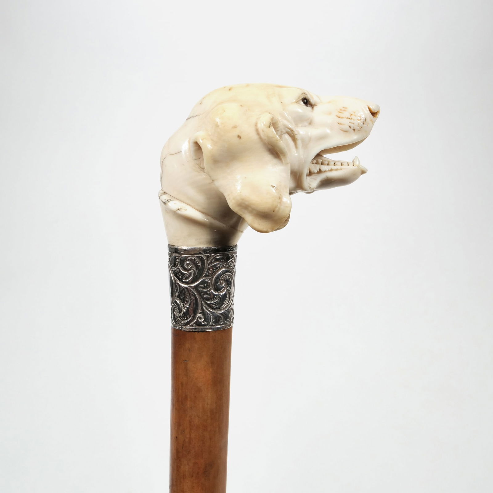 VICTORIAN CARVED BONE HANDLE DOG STERLING COLLAR WALKING STICK: Hallmarks for Birmingham 1891 on the Sterling CollarCarved Hunting dog head with glass eyes bamboo shaft with brass ferrule l. 35 x d. 3 x dia. 3 in. Provenance: Items from the private collection of m