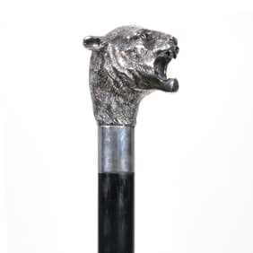 ANTIQUE ITALIAN STERLING JAGUAR HEAD FORM WALKING STICK