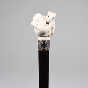 ANTIQUE CARVED BONE FIGURAL GROUP WALKING STICK / CANE