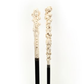 (2pc) TWO ANTIQUE CARVED BONE HANDLE WALKING STICKS