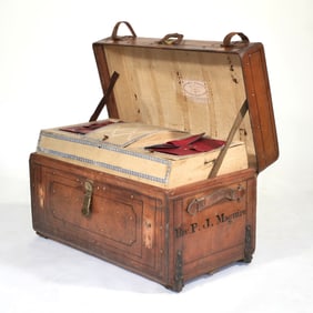 PERIOD COMPLETE "REVEREND P.J. MAGUIRE" LEATHER TRAVEL TRUNK / SCHUFF, NY