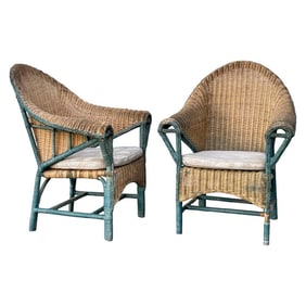PAIR ENGLISH ARTS & CRAFTS STYLE RATTAN WICKER ARMCHAIRS