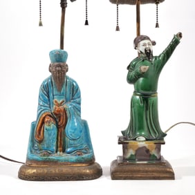 (2pc) ANTIQUE CHINESE GLAZED EARTHENWARE FIGURES MOUNTED AS LAMPS