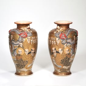PAIR GILT SATSUMA BALUSTER VASES