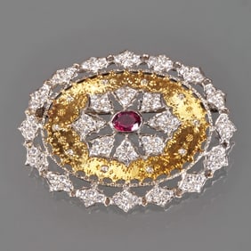 RUBY, DIAMOND, & 18K GOLD BROOCH