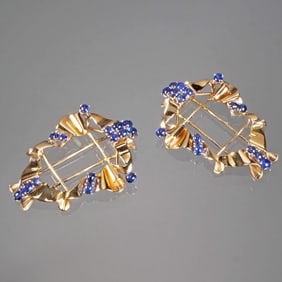 PAIR SAPPHIRE & 14K GOLD CLIP BROOCHES