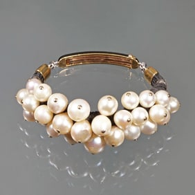 FRENCH ART DECO PEARL, DIAMOND, ENAMEL & 18K GOLD BRACELET