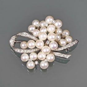 14K GOLD, DIAMOND & PEARL RIBBON FORM CLUSTER PIN
