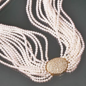 14K GOLD & DIAMOND CLASPED MULTI-STRAND PEARL NECKLACE