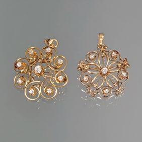 (2pc) DIAMOND & 14K GOLD OPEN SCROLLWORK PENDANT / PINS