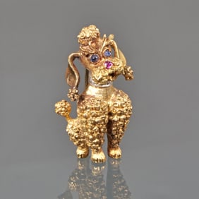 SAPPHIRE, DIAMOND, RUBY & 18K GOLD POODLE PIN