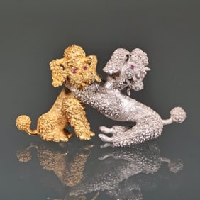 18K WHITE & YELLOW GOLD DOUBLE POODLE PIN