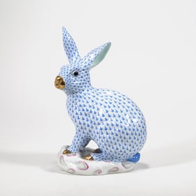 LARGE HEREND BLUE FISHNET BUNNY PORCELAIN FIGURINE