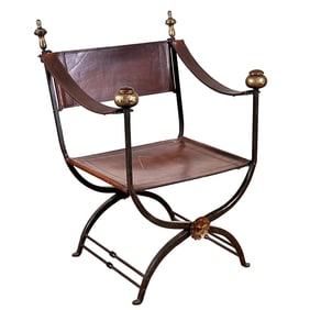 ANTIQUE LEATHER & WROUGHT IRON CURULE CHAIR