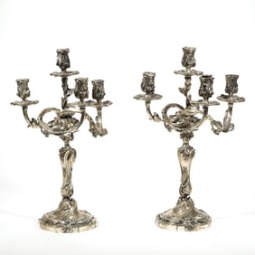 PAIR 19TH CENTURY SILVERED BRONZE LOUIS XVI STYLE CANDELABRAS
