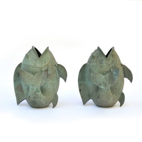(2pc) PAIR LARGE SCULPTED BRONZE KOI FISH FORM GARDEN SCULPTURES