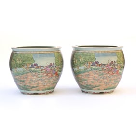 PAIR MONUMENTAL CHINESE EXPORT FISH BOWL JARDINIERES WITH HUNT SCENES