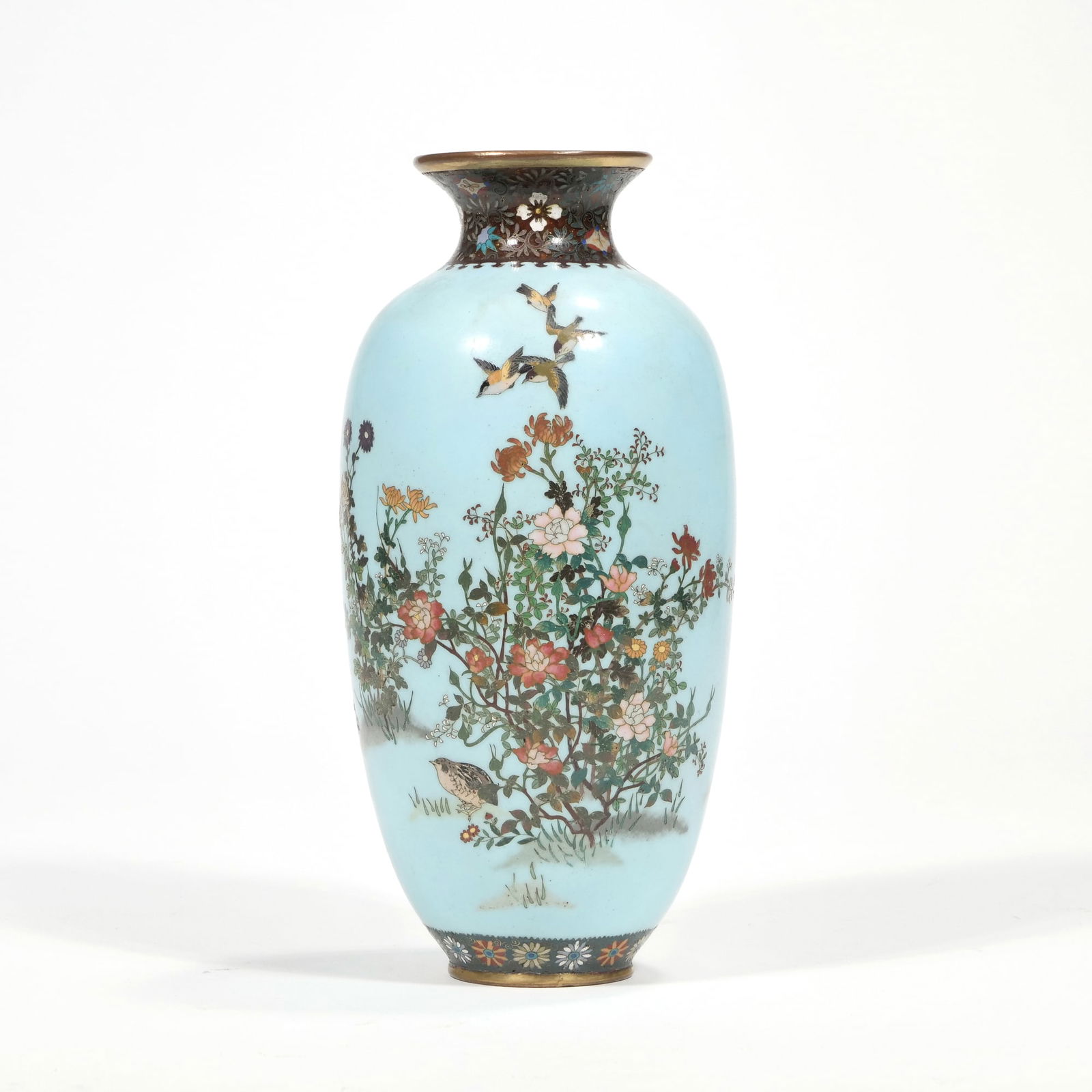 FINE CLOISONNE VASE: Having very fine cloisonne decoration with flowers and birds h. 8.25 in. Provenance: Descended through the family of New York City Auctioneer Edward Resnik (active c. 1930's-1950's); Items from the pr