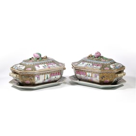 (2pc) PAIR REPUBLIC-STYLE CHINESE FAMILLE ROSE COVERED TUREENS WITH UNDERPLATES