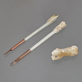 (3pc) CARVED JADE FOUNTAIN PENS & REST
