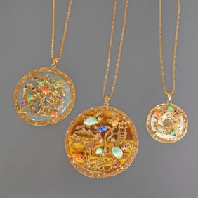 (3pc) CHINESE JADE, 14K GOLD, & APPLIQUE PENDANT NECKLACES