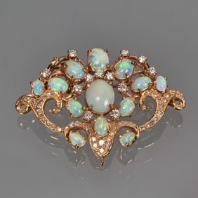 IMPRESSIVE OPAL, DIAMOND, & 14K GOLD BROOCH/PENDANT