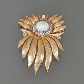 OPAL, DIAMOND & 14K GOLD BROOCH