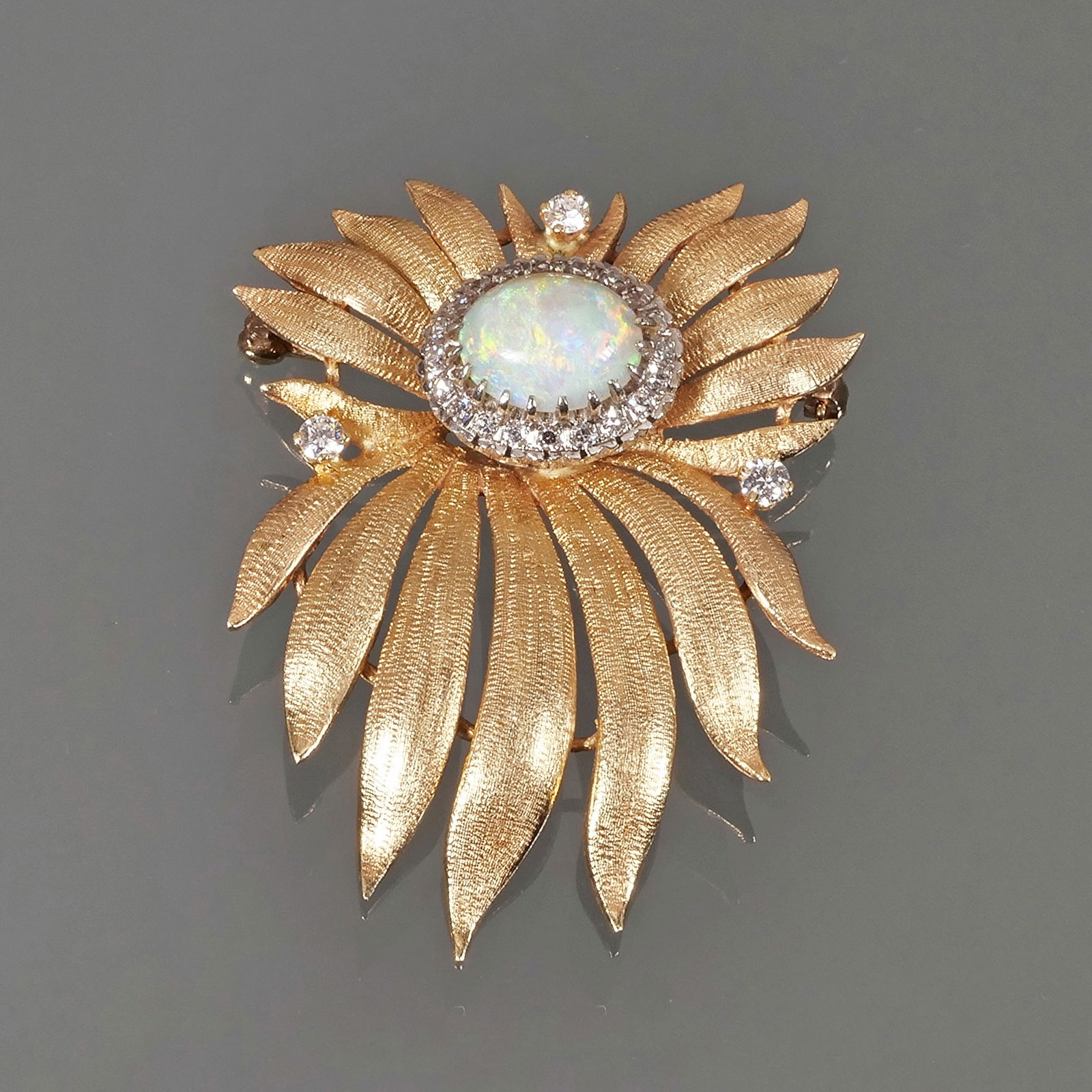 OPAL, DIAMOND & 14K GOLD BROOCH (1 of 4)