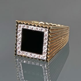 14K GOLD, JET, & DIAMOND BLOCK RING