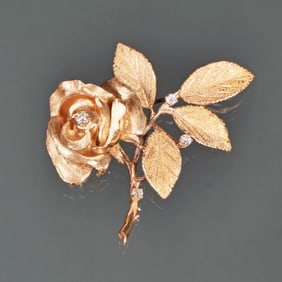 DIAMOND & 14K GOLD ROSE FORM PIN