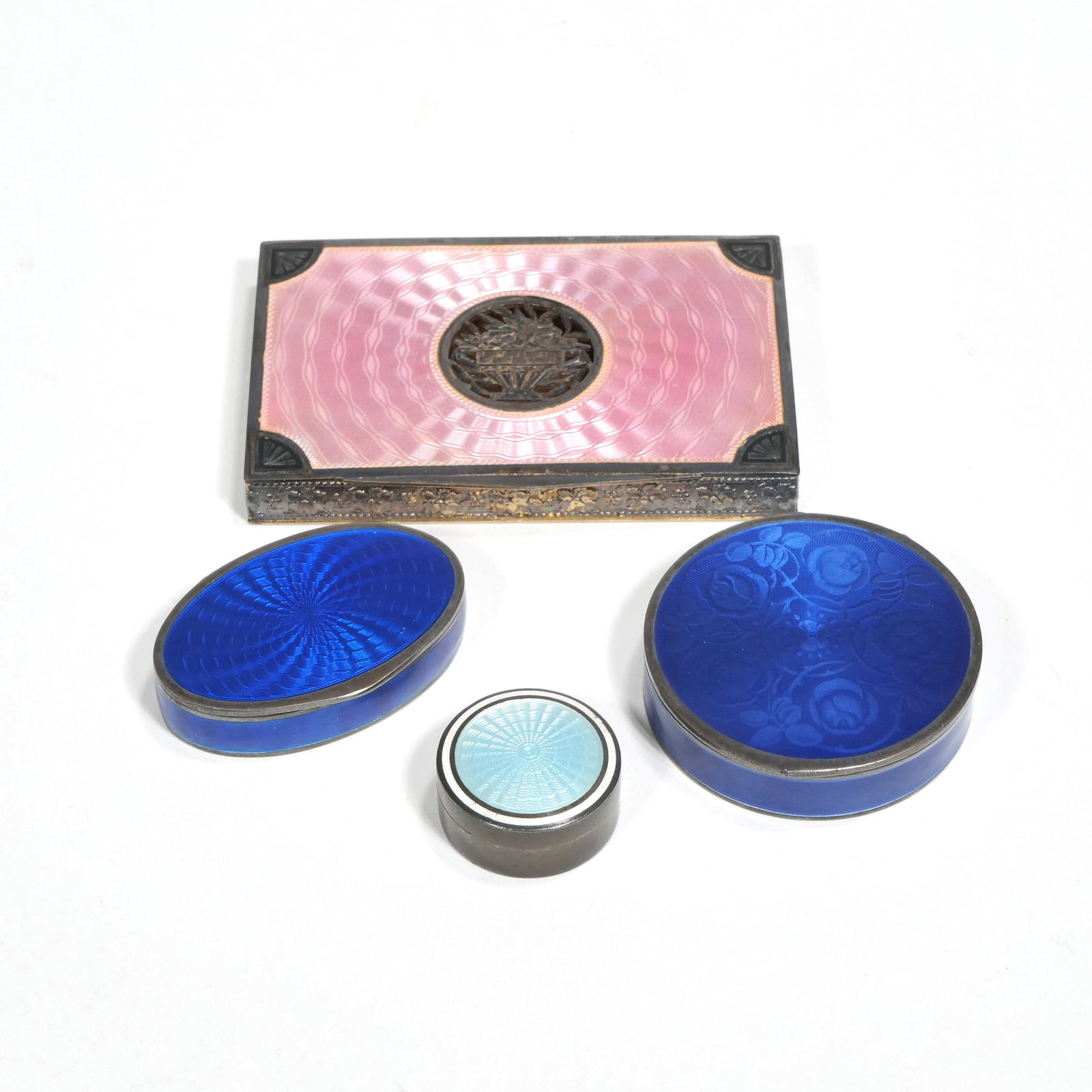 (4pc) ANTIQUE STERLING SILVER GUILLOCHE ENAMELED BOXES (1 of 10)