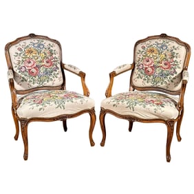PAIR FLORAL NEEDLEPOINT FRENCH BERGERE ARMCHAIRS