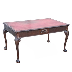 CARVED CHIPPENDALE PARTNER'S LIBRARY DESK, RED LEATHER TOP