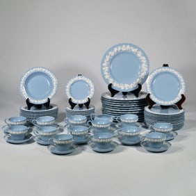 (74pc) WEDGWOOD BLUE EMBOSSED QUEENSWARE DINNER SERVICE