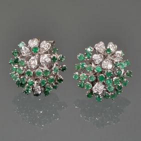 (2pc) DIAMOND & EMERALD 14K WHITE GOLD EARRINGS