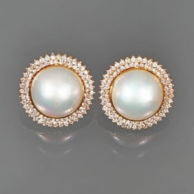 PAIR DIAMOND & PEARL 14K GOLD EARRINGS