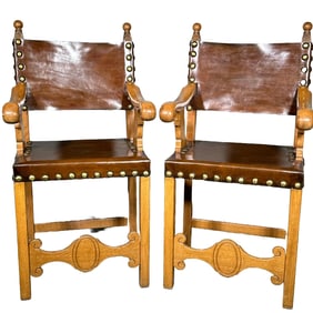 (2pc) PAIR LEATHER & BRASS TACK BILLIARDS TALL CHAIRS