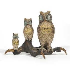 PERCHED OWLS COLD PAINTED BRONZE INKWELL