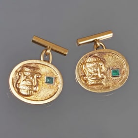 MAYAN/ AZTEC FORM EMERALD & 18k GOLD CUFFLINKS