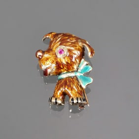 14K GOLD & ENAMEL DOG FORM BROOCH