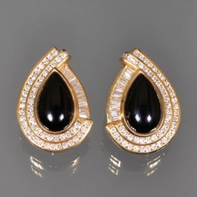 PAIR KRYPELL ONYX, DIAMOND, & 18K GOLD EARRINGS