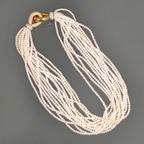 18K GOLD & DIAMOND MULTI-STRAND PEARL NECKLACE