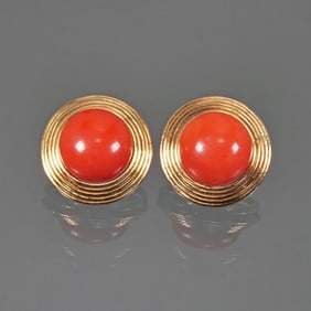 PAIR CORAL CABOCHON & GOLD EARRINGS