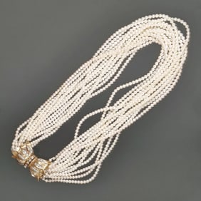 14K GOLD & DIAMOND MULTI-STRAND PEARL NECKLACE