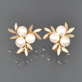 PAIR PEARL, DIAMOND, & 14K BERRY-FORM EARRINGS