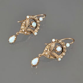 PAIR 14K, OPAL & SEED PEARL EARRINGS