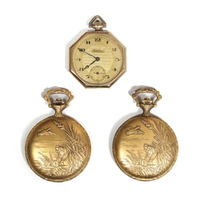 (3pc) ENGRAVED & OPEN FACE GOLD PLATED POCKETWATCHES