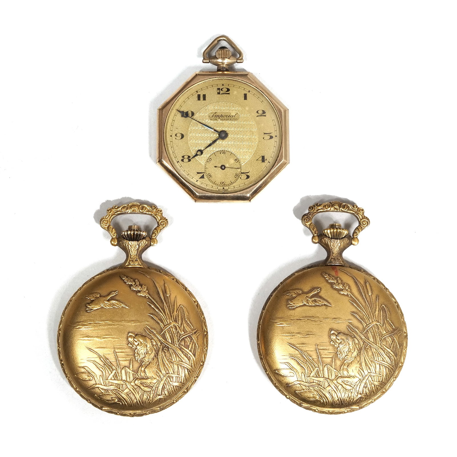 (3pc) ENGRAVED & OPEN FACE GOLD PLATED POCKETWATCHES (1 of 10)